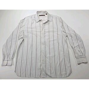 Perry Ellis Men's White W/ Blue & Stripes Long Sleeve Button Down Shirt Size XL